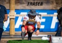 Mat Fraser realizando una sentadilla a una pierna en el Wod atalanta en los CrossFit games 2020