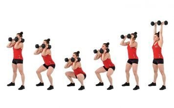 chica realizando dumbbell thrusters con mancuernas
